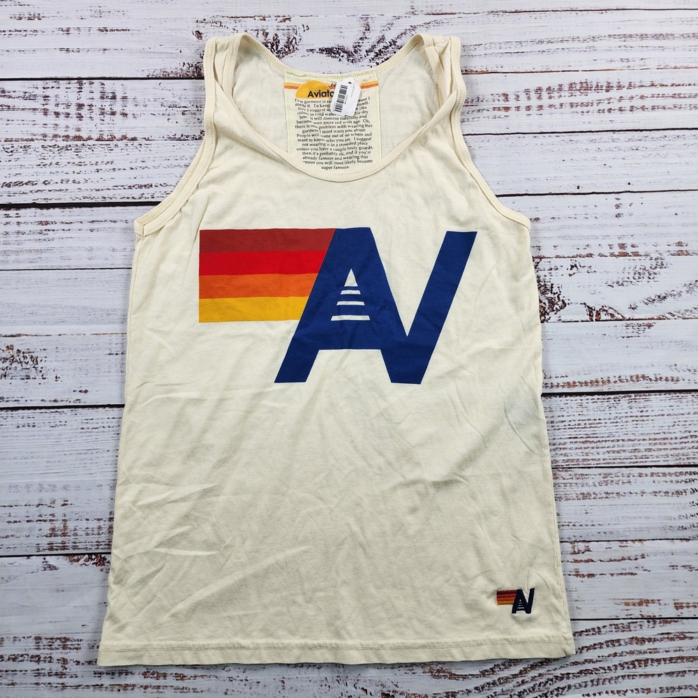 Aviator Nation AV Logo Tank Top Men's M Cream Rainbow Stripe NWT